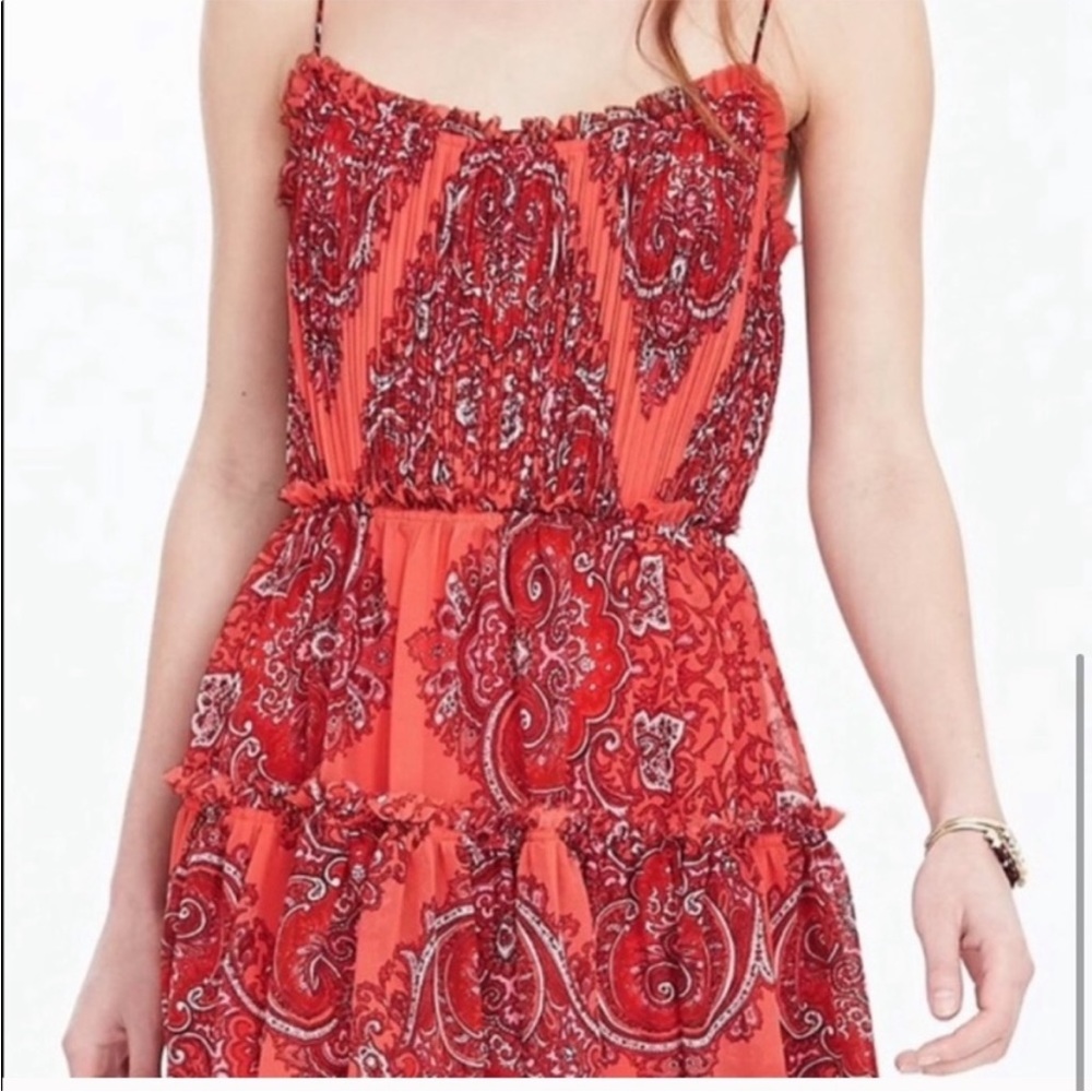 Banana Republic Orange Paisley Print Pleated Chiffon Dress